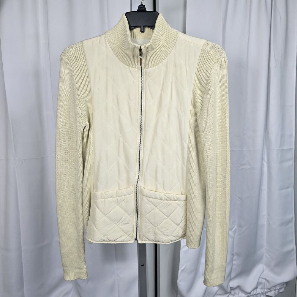 J.McLaughlin Full Zip Sweater Jacket Silk Quilted Front Ribbed Knit Sides Size L